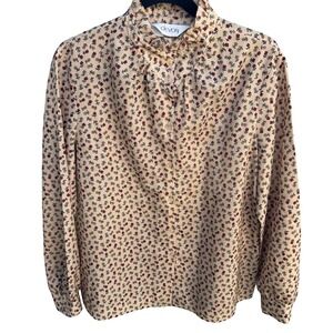 Devon Vintage 70s 80s Retro Floral Ruffle High Neck Button Down Blouse Cream Red